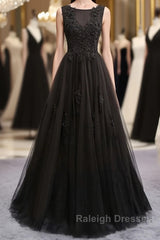 Black round neck tulle lace long prom dress, black evening dress