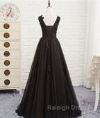 Black round neck tulle lace long prom dress, black evening dress