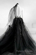 Black Round Neck Tulle Lace Long Prom Dress Black Tulle Formal Dress