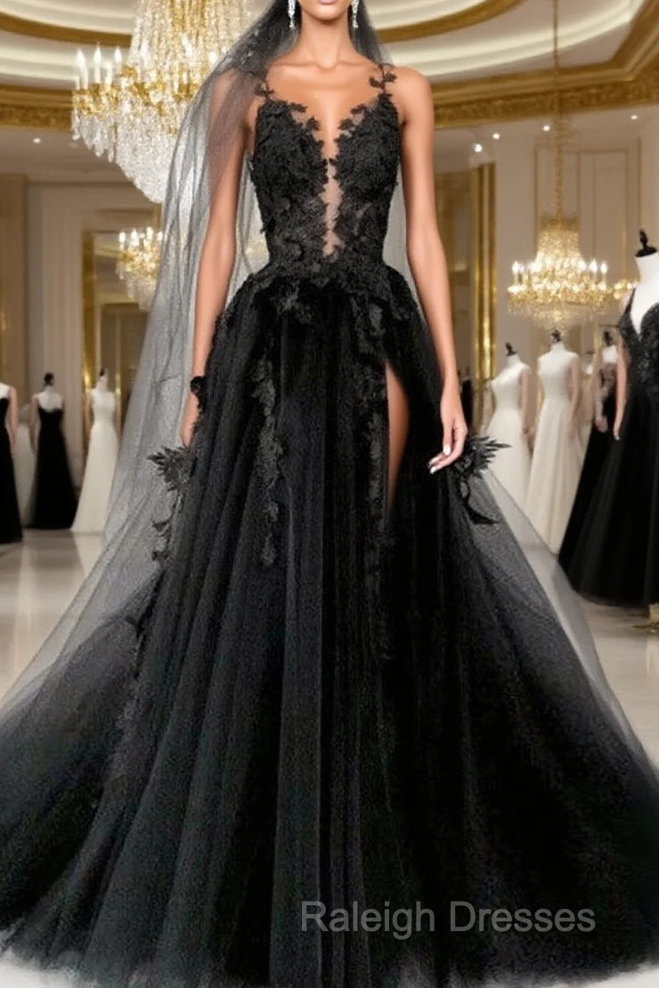 Black Round Neck Tulle Lace Prom Dresses Long Black Tulle Prom Dresses