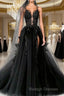 Black Round Neck Tulle Lace Prom Dresses Long Black Tulle Prom Dresses