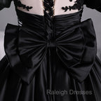 Black Satin A Line Floor Length Long Prom Dress with Lace, Black Long Formal Dress