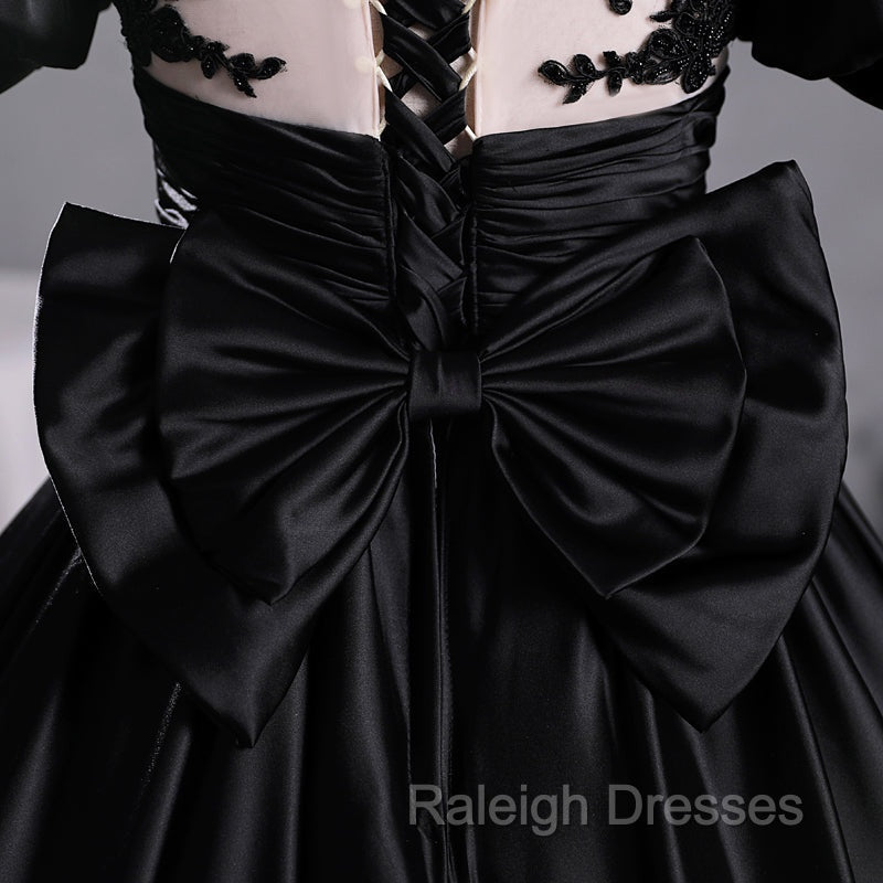 Black Satin A Line Floor Length Long Prom Dress with Lace, Black Long Formal Dress