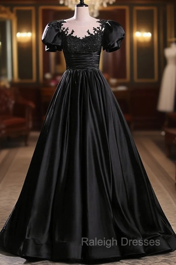 Black Satin A-line Floor Length Long Party Dress with Lace, Black Long Formal Dress Main image