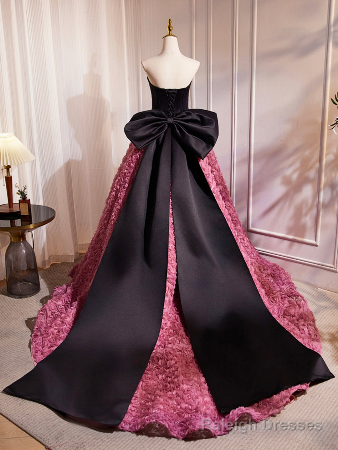 Black Satin And Pink Ruffle Flower Long Prom Dress, Lovely A-Line Strapless Bow Party Evening Dress Secondary image