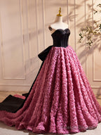 Black Satin And Pink Ruffle Flower Long Prom Dress, Lovely A-Line Strapless Bow Party Evening Dress