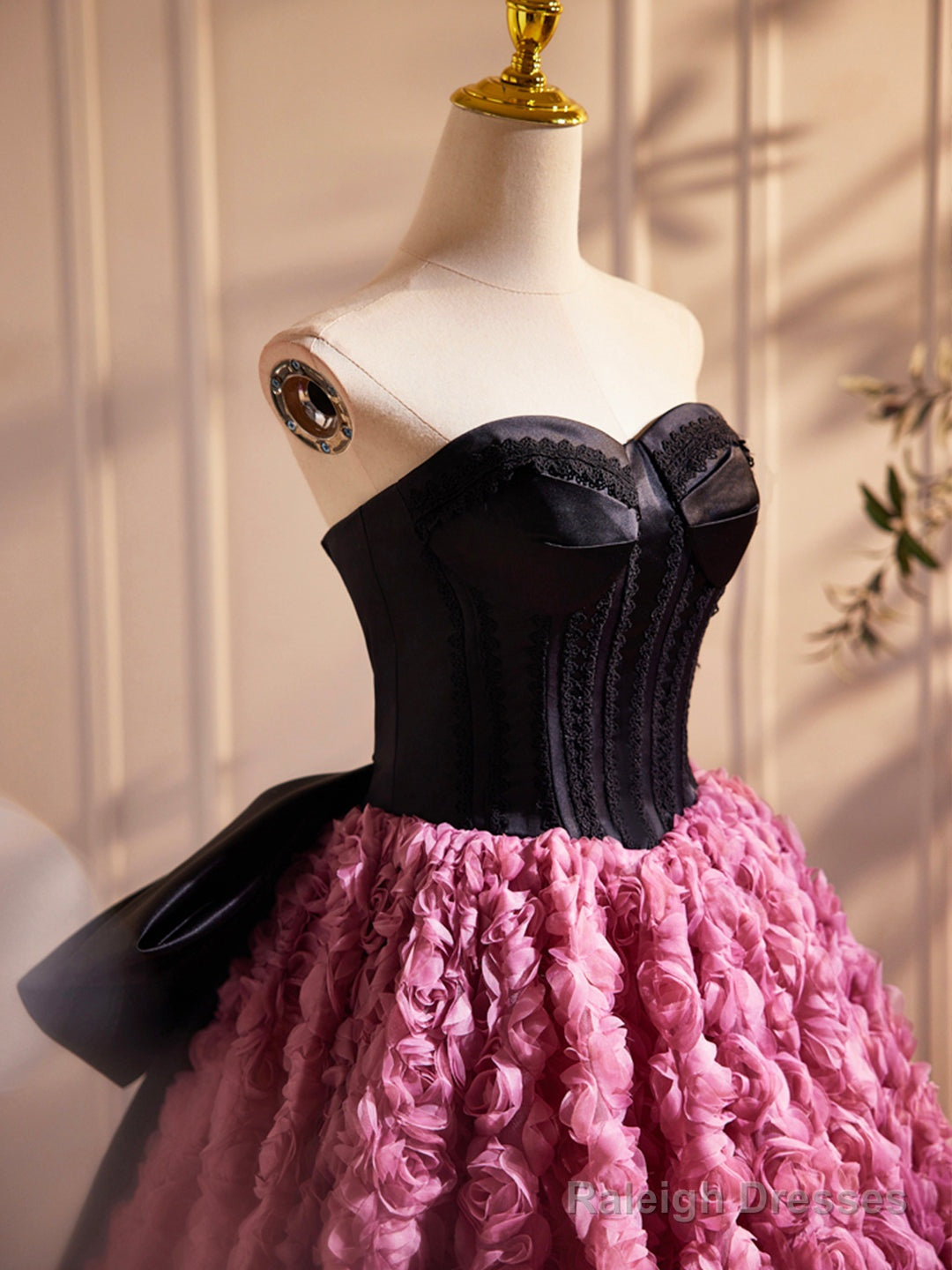 Black Satin And Pink Ruffle Flower Long Prom Dress, Lovely A-Line Strapless Bow Party Evening Dress