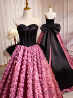 Black Satin And Pink Ruffle Flower Long Prom Dress, Lovely A-Line Strapless Bow Party Evening Dress