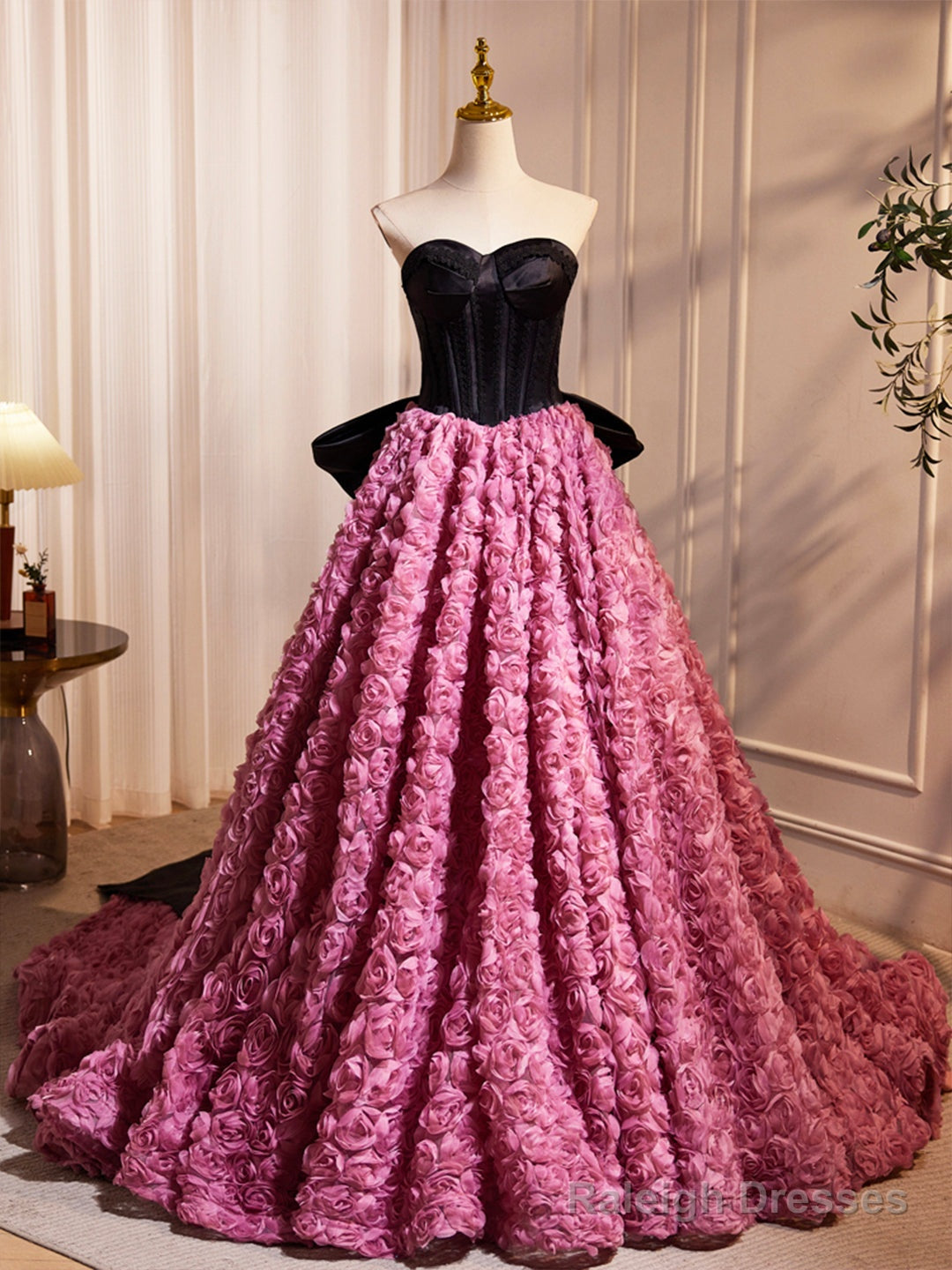 Black Satin And Pink Ruffle Flower Long Prom Dress, Lovely A-Line Strapless Bow Party Evening Dress Main image