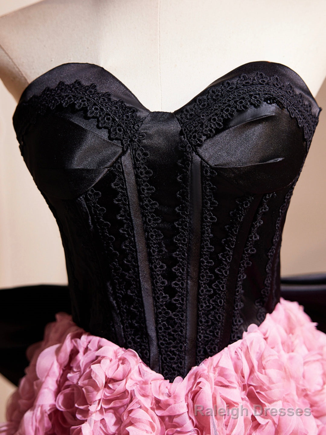 Black Satin And Pink Ruffle Flower Short Prom Dress, Lovely A-Line Strapless Bow Party Cocktail Dress Secondary image