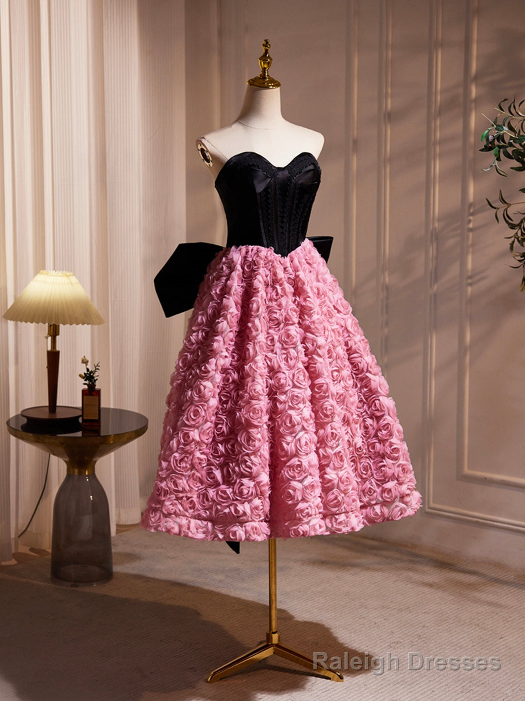 Black Satin And Pink Ruffle Flower Short Prom Dress, Lovely A-Line Strapless Bow Party Cocktail Dress