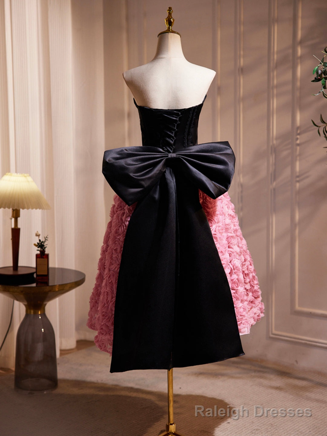 Black Satin And Pink Ruffle Flower Short Prom Dress, Lovely A-Line Strapless Bow Party Cocktail Dress