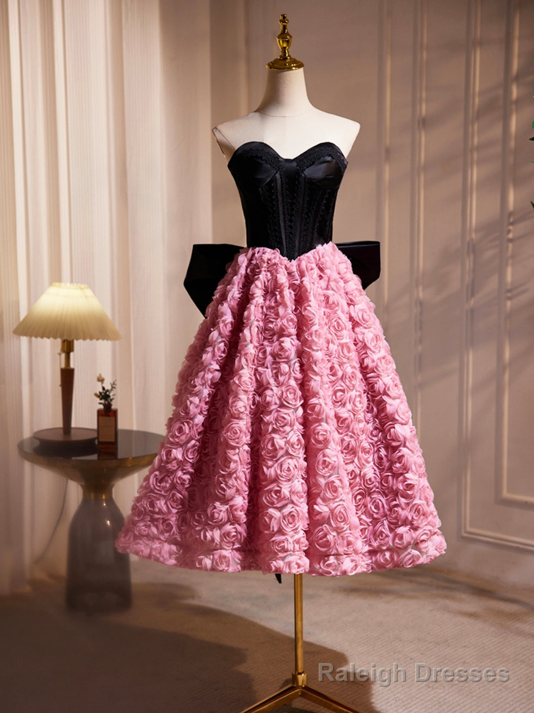 Black Satin And Pink Ruffle Flower Short Prom Dress, Lovely A-Line Strapless Bow Party Cocktail Dress Main image