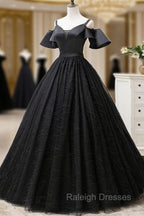 Black Satin and Tulle Ball Gown Off Shoulder Evening Dress Party Gown, Black Long Formal Dress