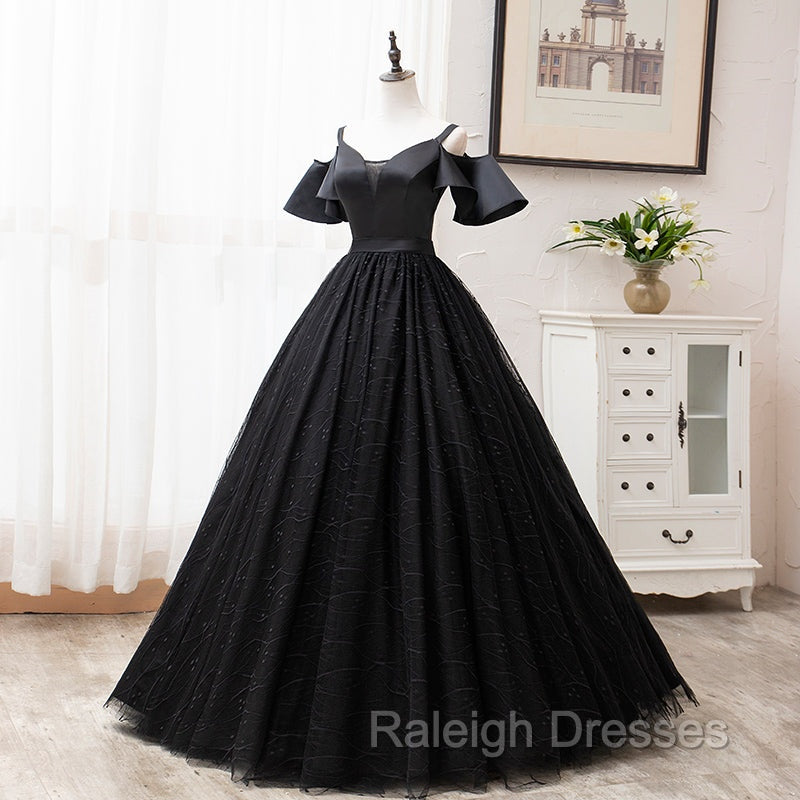 Black Satin and Tulle Ball Gown Off Shoulder Evening Dress Party Gown, Black Long Formal Dress
