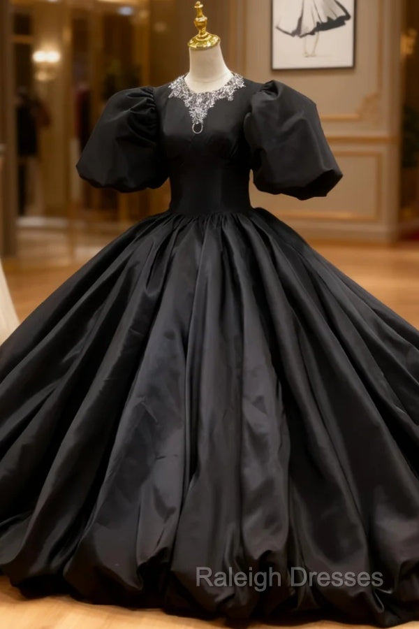 Black Satin Ball Gown Puff Sleeve Prom Dress Main image