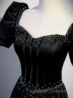 Black Satin Beaded Floor Length Prom Dress, Black A-Line Short Sleeve Evening Dress