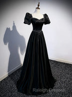Black Satin Beaded Floor Length Prom Dress, Black A-Line Short Sleeve Evening Dress