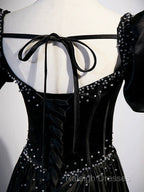 Black Satin Beaded Floor Length Prom Dress, Black A-Line Short Sleeve Evening Dress