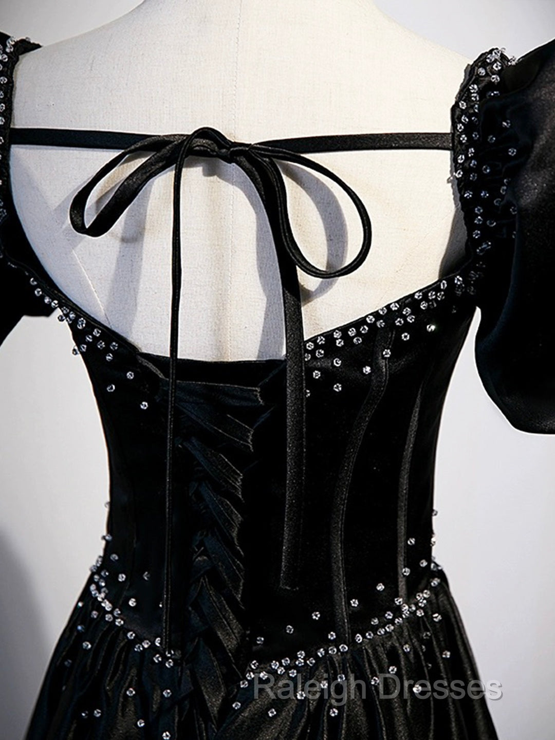 Black Satin Beaded Floor Length Prom Dress, Black A-Line Short Sleeve Evening Dress