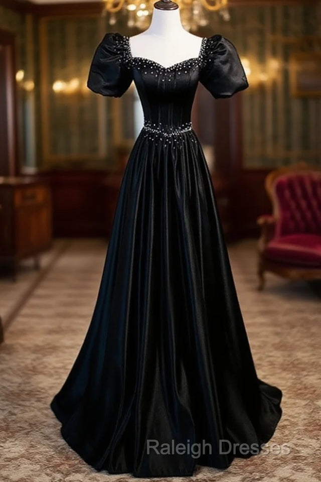 Black Satin Beaded Floor Length Prom Dress, Black A-Line Short Sleeve Evening Dress Main image