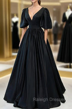 Black Satin Deep V Neckline Long Formal Dress, Black Prom Dress