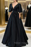 Black Satin Deep V Neckline Long Formal Dress, Black Prom Dress