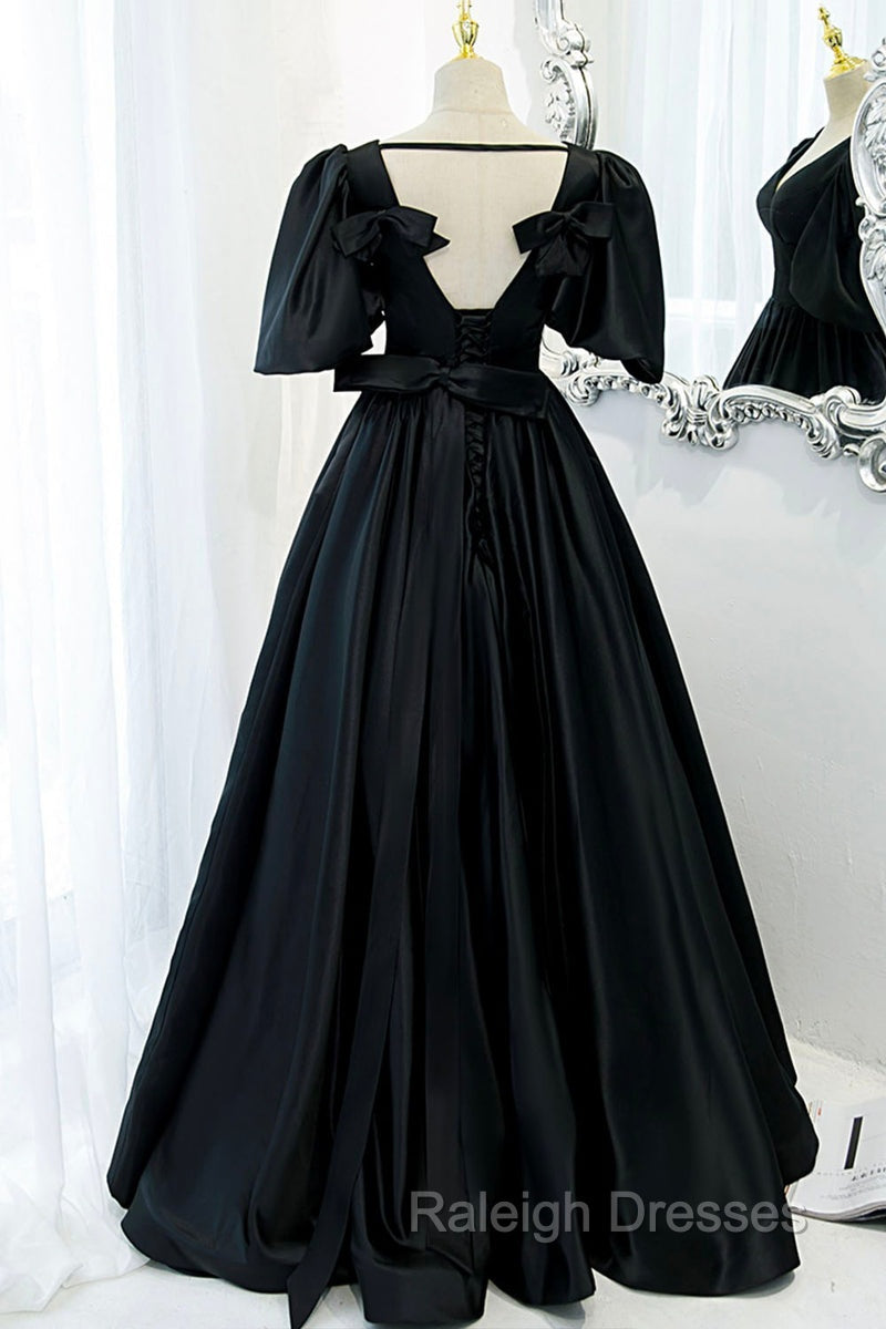 Black Satin Deep V Neckline Long Formal Dress, Black Prom Dress