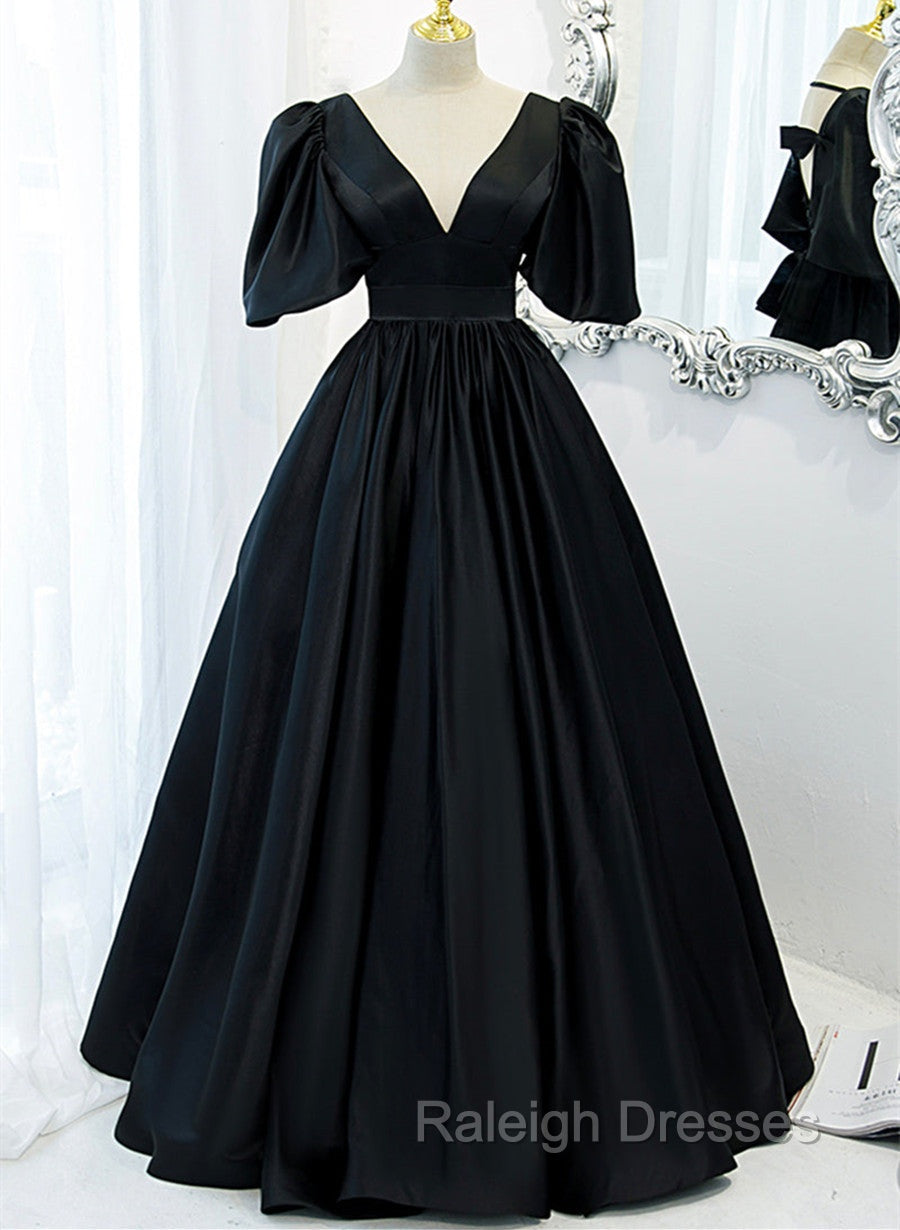 Black Satin Deep V-neckline Long Formal Dress, Black Evening Dress Prom Dress Main image