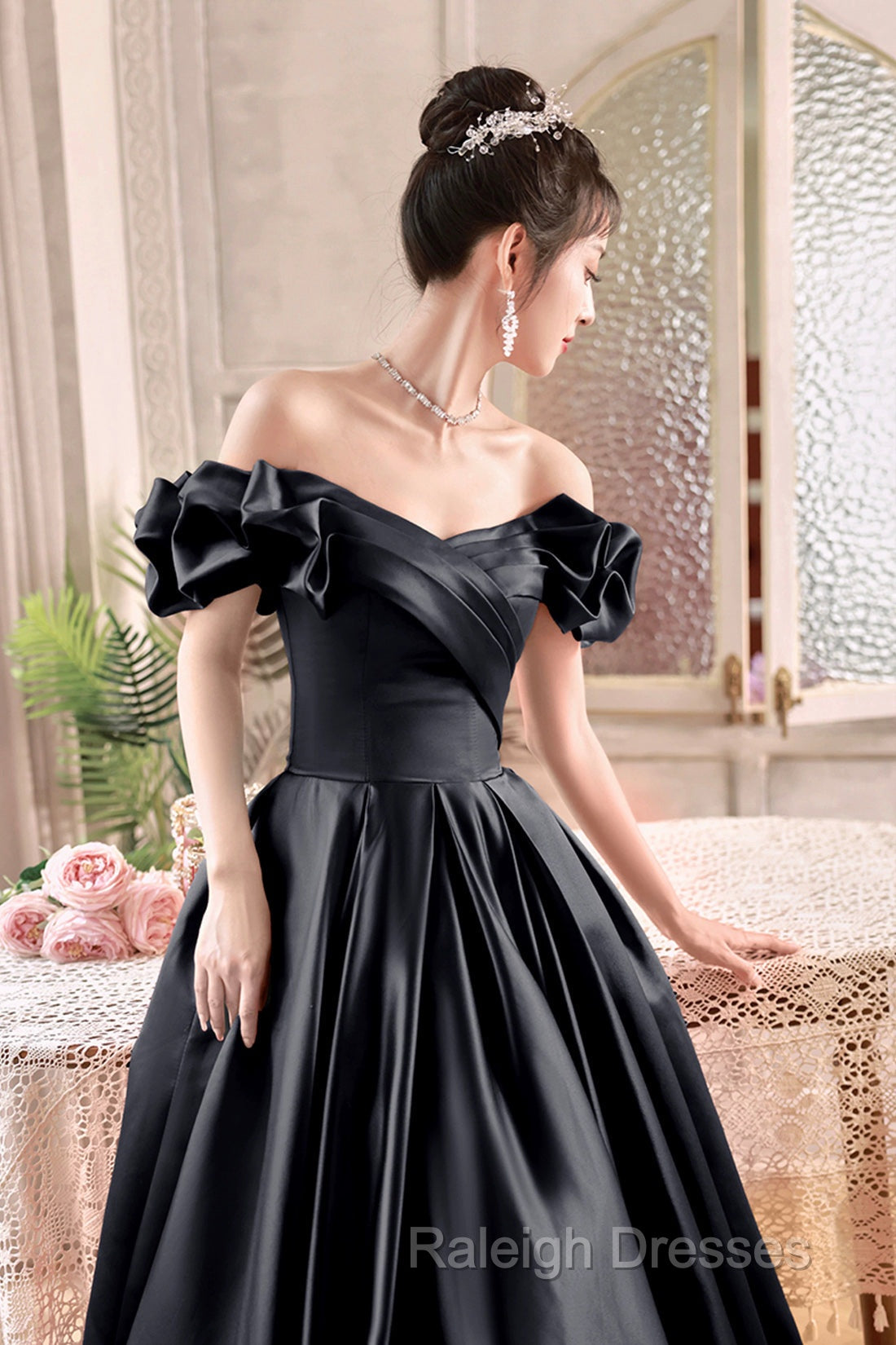 Black Satin Floor Length A-Line Prom Dress, Off The Shoulder Evening Party Dress Secondary image