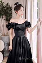 Black Satin Floor Length A-Line Prom Dress, Off The Shoulder Evening Party Dress