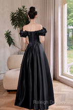 Black Satin Floor Length A-Line Prom Dress, Off The Shoulder Evening Party Dress