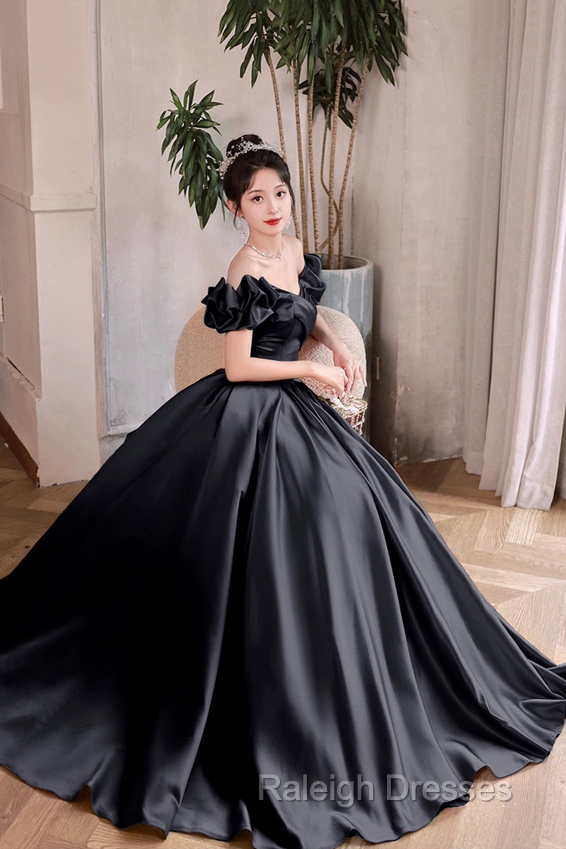 Black Satin Floor Length A-Line Prom Dress, Off The Shoulder Evening Party Dress