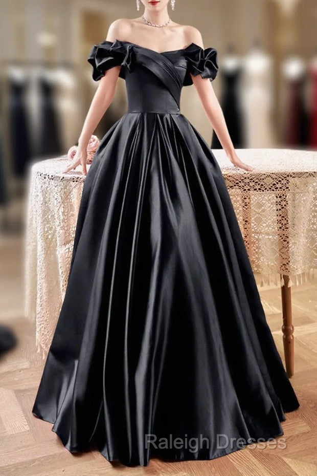 Black Satin Floor Length A-Line Prom Dress, Off The Shoulder Evening Party Dress Main image