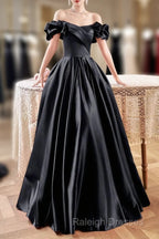 Black Satin Floor Length A-Line Prom Dress, Off The Shoulder Evening Party Dress