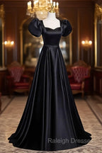 Black Satin Floor Length Prom Dress, Simple Black Short Sleeve Evening Dress