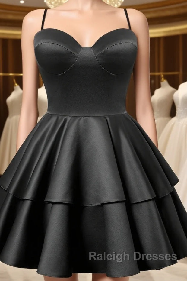 Black Satin Homecoming Dress Sweetheart Neck Tiered Short Graduation Dresses Main image