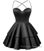 Black Satin Homecoming Dress Sweetheart Neck Tiered Short Graduation Dresses