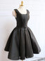 Black Satin Knee Length Party Dress , Black Backless Evening Dress