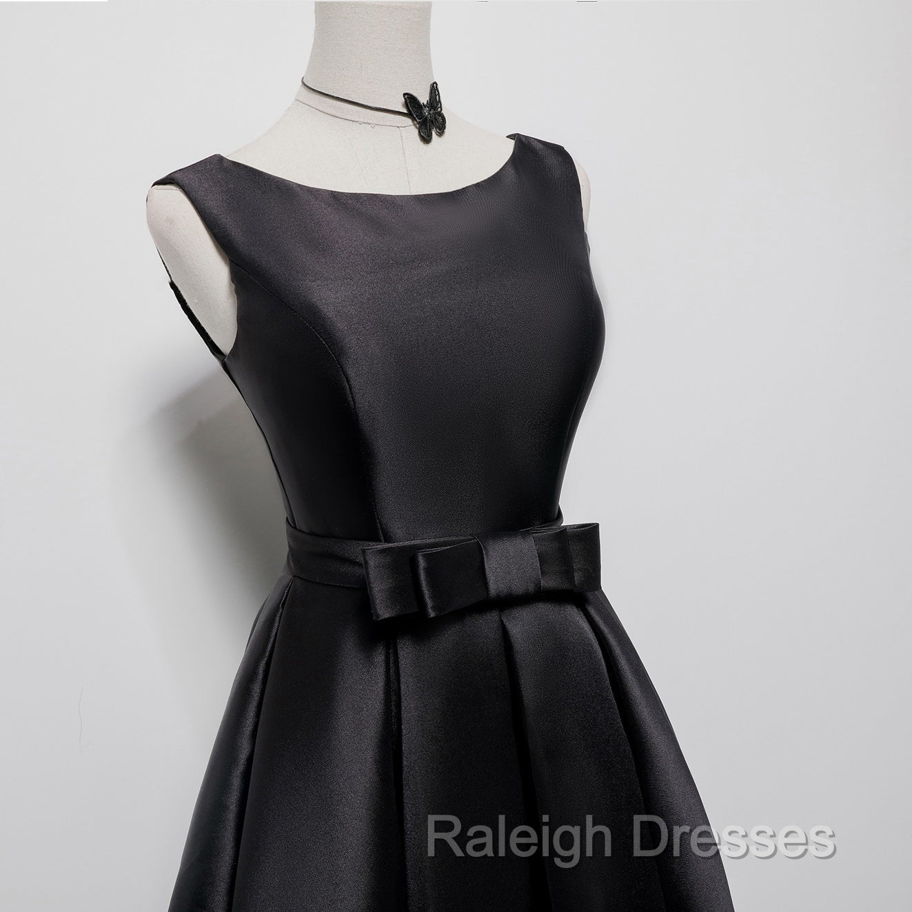 Black Satin Knee Length Round Neckline Party Dress, Black Short Prom Dress