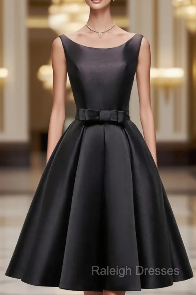 Black Satin Knee Length Round Neckline Prom Dresses Black Short Prom Dresses Main image