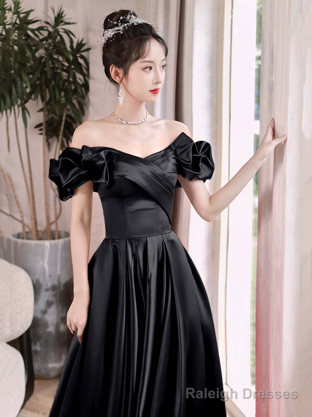 Black Satin Long A-Line Prom Dress, Black Off The Shoulder Evening Party Dress