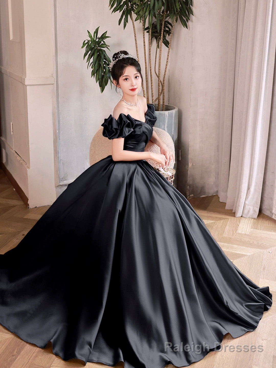 Black Satin Long A-Line Prom Dress, Black Off The Shoulder Evening Party Dress