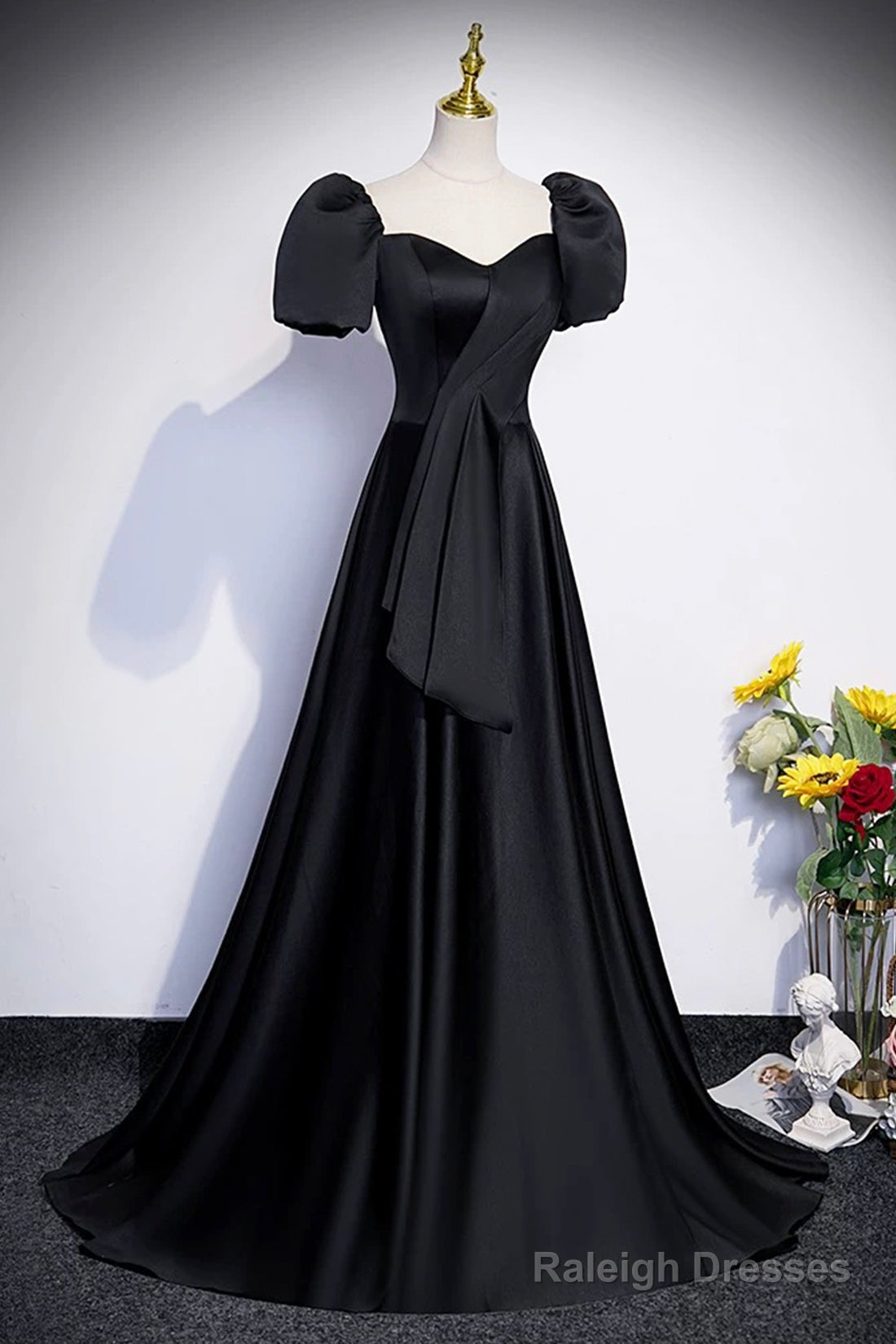 Black Satin Long Prom Dresses A-Line Short Sleeve Prom Dresses Secondary image