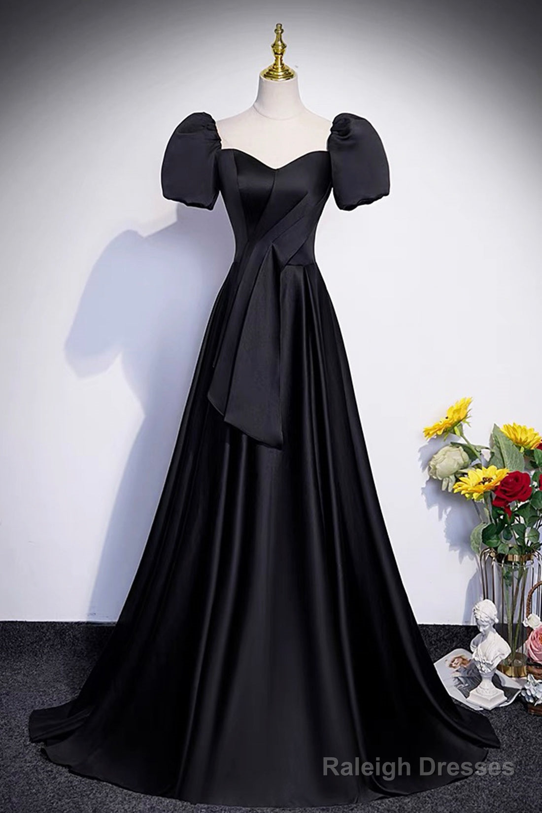 Black Satin Long Prom Dress, A-Line Short Sleeve Evening Party Dress Main image