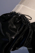 Black Satin Long Prom Dress, Black A Line Short Sleeve Prom Dress