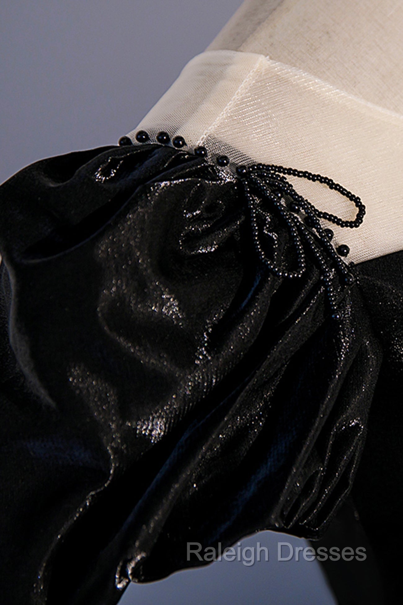 Black Satin Long Prom Dress, Black A Line Short Sleeve Prom Dress