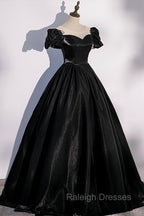 Black Satin Long Prom Dress, Black A-Line Short Sleeve Evening Dress