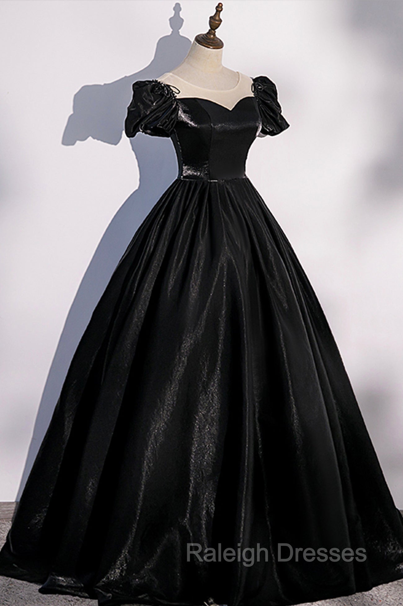 Black Satin Long Prom Dress, Black A-Line Short Sleeve Evening Dress