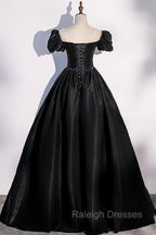 Black Satin Long Prom Dress, Black A Line Short Sleeve Prom Dress